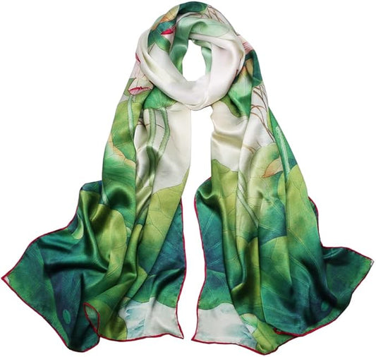 100% Mulberry Silk Scarfs for Women Floral Print Satin Long Scarf for Headscarf Hair Wraps Shawl with Gift Packed
