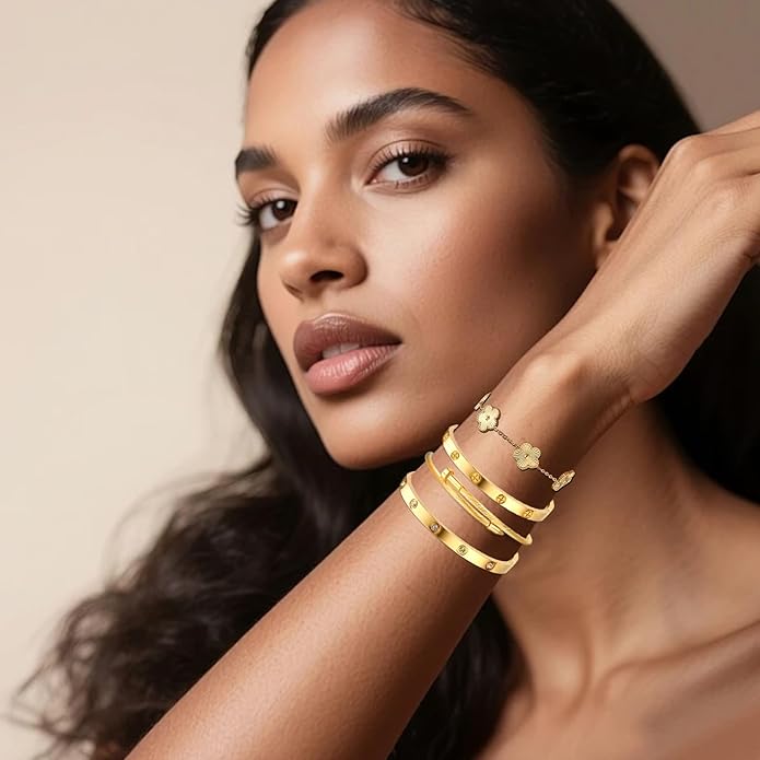 Gold Bracelets for Women- 4Pcs 18K Gold Plated Stackable Floral Clover Bracelets ,Stainless Steel Bangle Non Tarnish, Gold Bracelet Set Trendy Jewelry,Christmas Valentines Birthday Gifts-Pulseras Para Mujer
