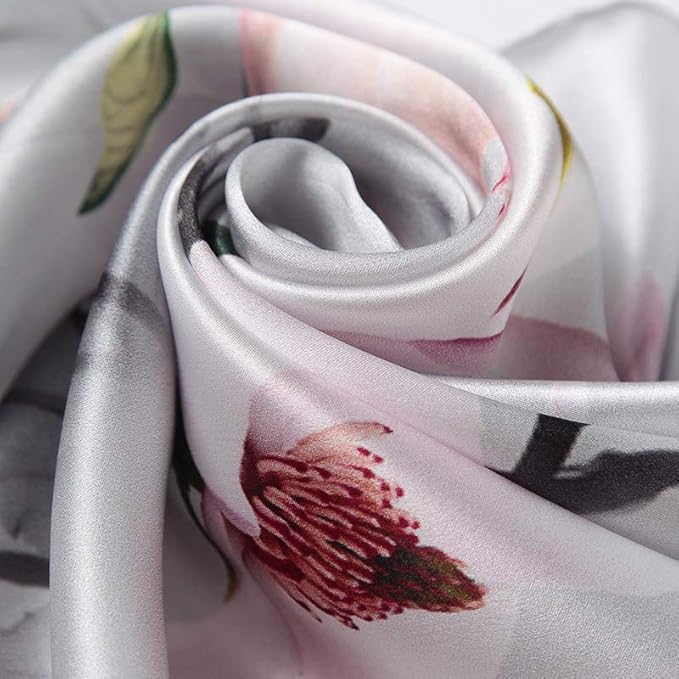 100% Mulberry Silk Scarfs for Women Floral Print Satin Long Scarf for Headscarf Hair Wraps Shawl with Gift Packed