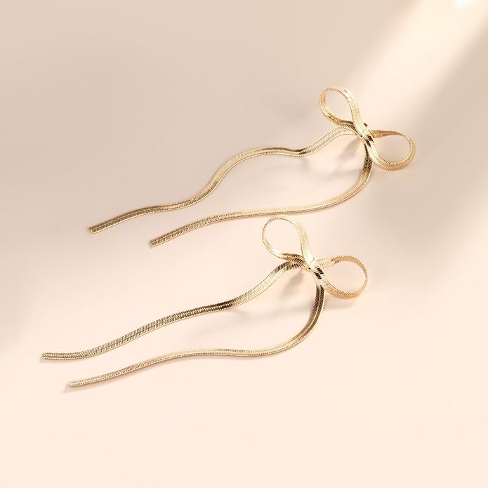 8YEARS Gold Bow Earrings for Women Dainty Ribbon Bow Stud Earrings Gold Dangle Drop Tassel Earrings Long Chain Earrings With 925 Sterling Silver Post Trendy Jewelry Gift (Long Gold Chain Tassel)
