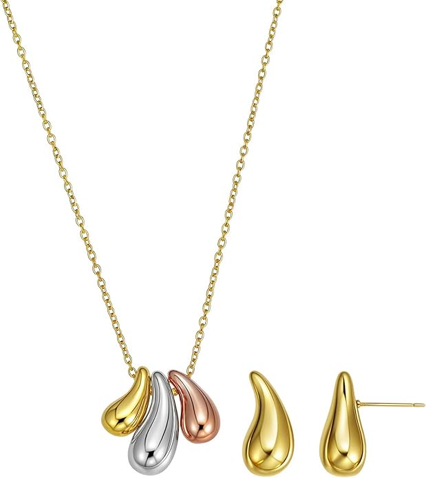 Dainty Geometric Jewelry Set for Women - Stainless Steel Necklace & Earrings Minimalist Matching Set