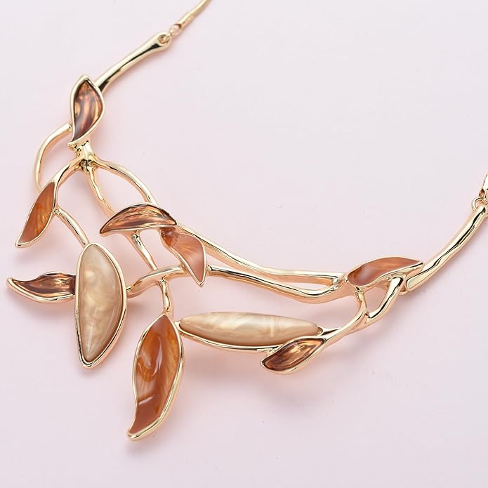 Retro Women's Crystal Floral Petal Leaf Chunky Statement Necklace and Earrings Set Party Jewelry