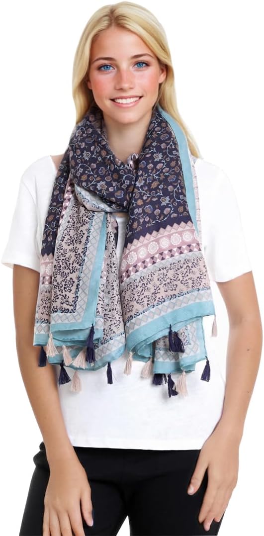 Yeieeo Boho Scarf for Women Lightweight Floral Printed Scarf Fall Winter Fashion Fringed Shawl