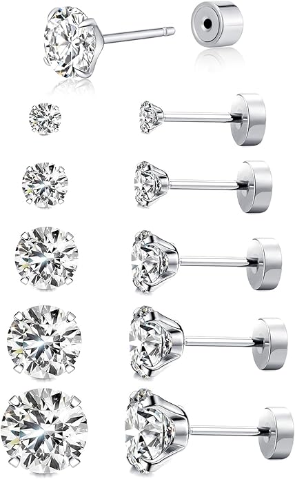 Kainier Women's 14K Gold Plated CZ Stud Earrings Simulated Diamond Round Cubic Zirconia Ear Stud Set（5 Pairs)…