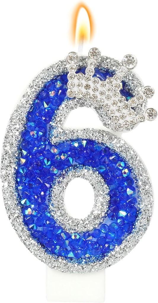 Blue Birthday Candle Crown Number 6 Candle with Sequins Cake Candles Cupcake Decorations Party Decor for Anniversary Celebrations Supplies