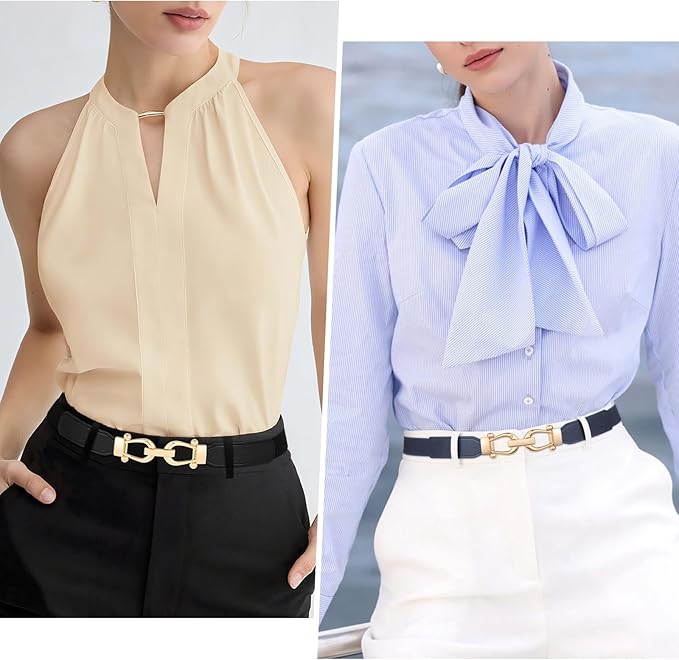 JASGOOD Women Skinny Elastic Belt for Dresses,Thin Retro Stretch Waist Belt with Golden Buckle