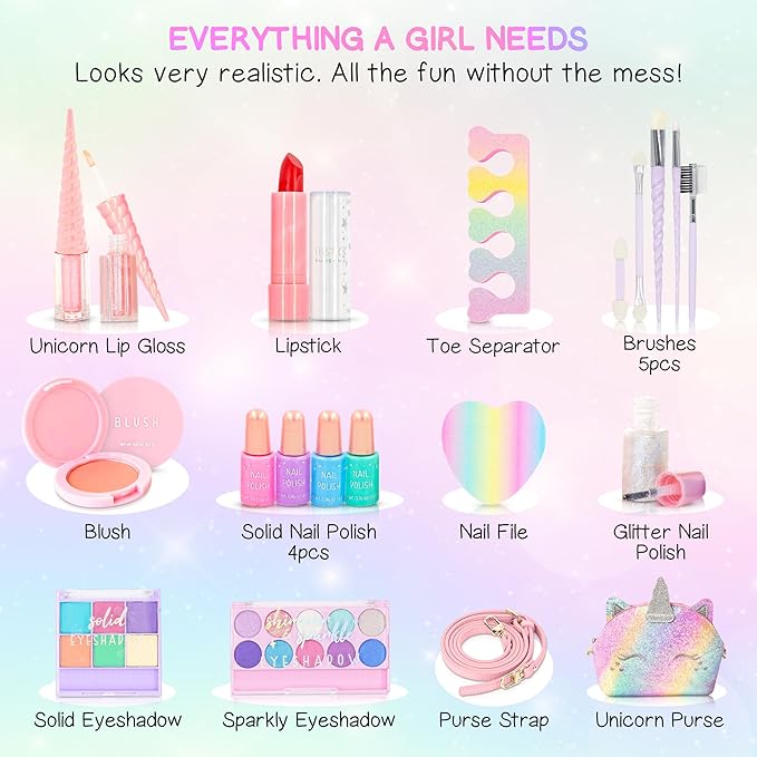Kids Real Makeup Kit for Girls: No Talc, Washable Make Up Set with Unicorn Purse - Toy Gift for Little Girls & Toddlers Age 3 4 5 6 7 8 9 10 11 12 Years Old - Pretend Play Birthday Gifts