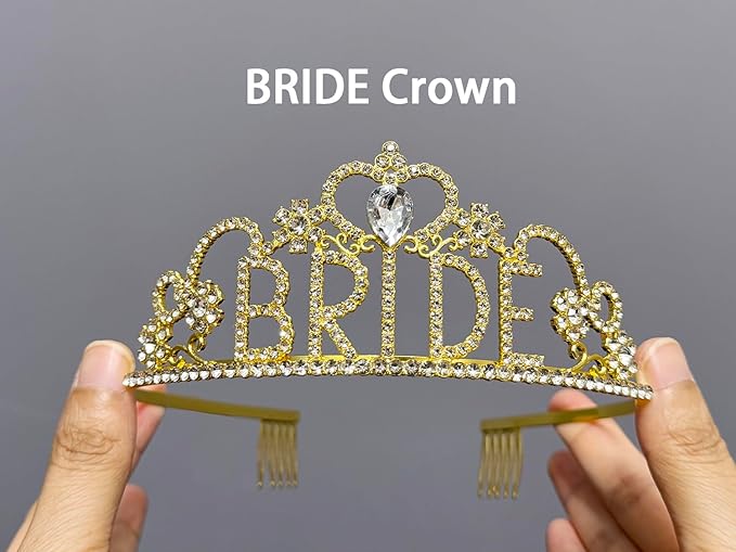 JETKONG 3 Pcs Bachelorette Party Decorations BRIDE Crown, Bride to Be Sash&Veil for Women Bachelorette Party Gifts, Bridal Shower Supplies, Gifts, Favors (Gold)
