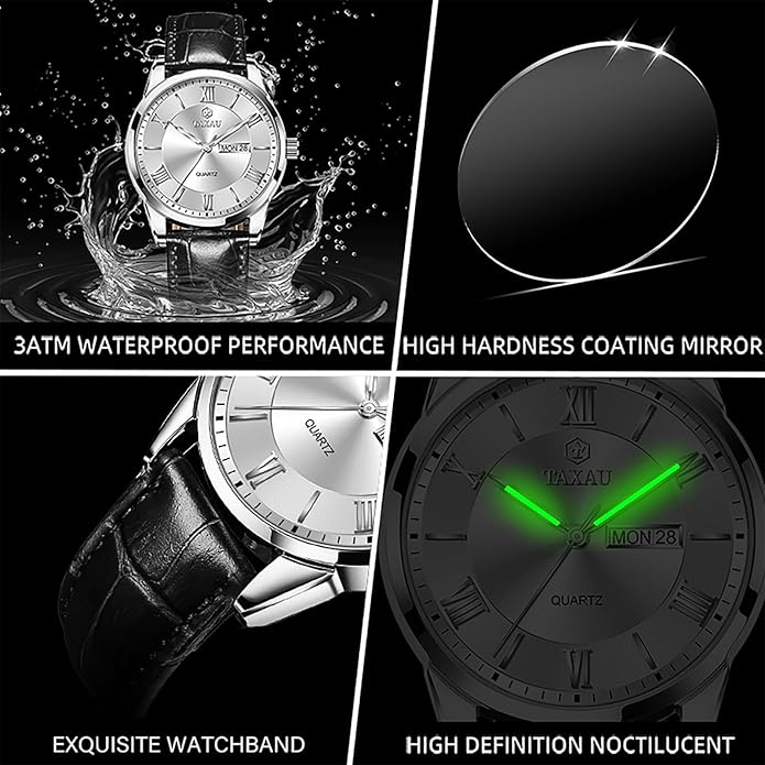 Leather Band Mens Watches with Day Date Quartz Analog Large Face Classic Watch Roman Numerals Dress Luminous Rlojes para Hombres