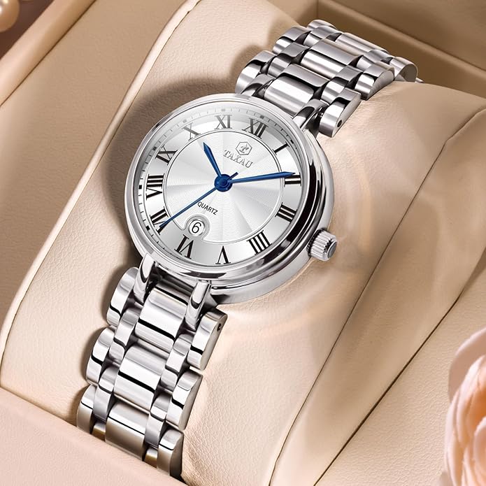Gold Silver Two Tone Women Stainless Steel Watch Small Wrist ElegantDress Watch for Women Fashion Luxury Waterproof Day Date Analog Quartz Ladies Watches