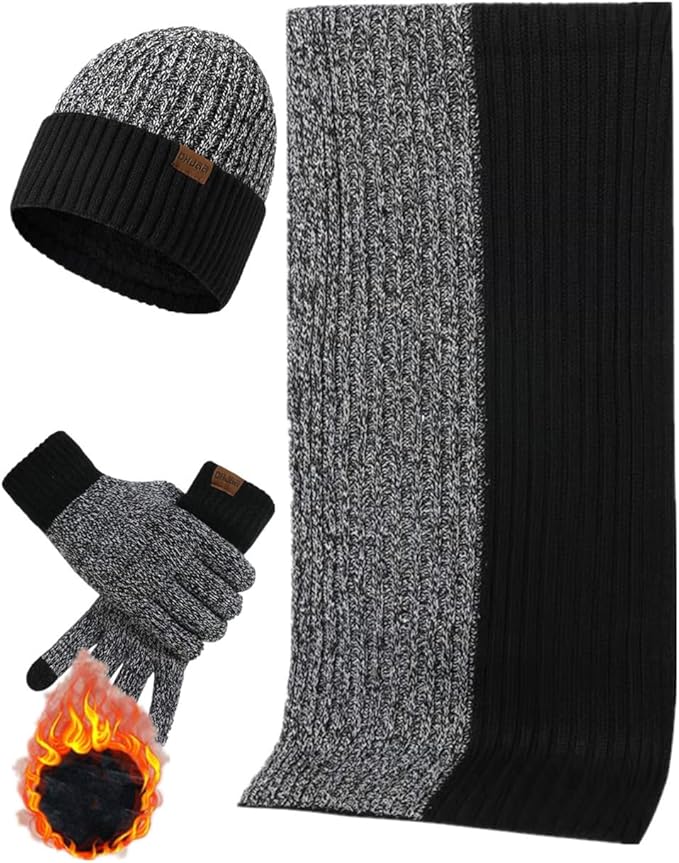 Mens Winter Scarf Hats and Gloves Set Knit Beanie Hat Warmer Scarfs and TouchScreen Glove 3 Pcs for Men