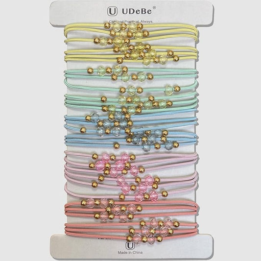 10pcs Colorful Hair Ties with Gold & Crystal Beads, Thin Elastic Ponytail Holders for Women, No Damage, Stylish Hair Accessories