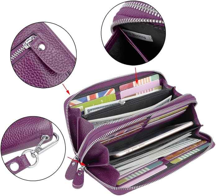 YALUXE Real Leather Zip Around Wallet RFID Blocking Wristlet Handbag Purse Clutch with Double Zipper Pockets