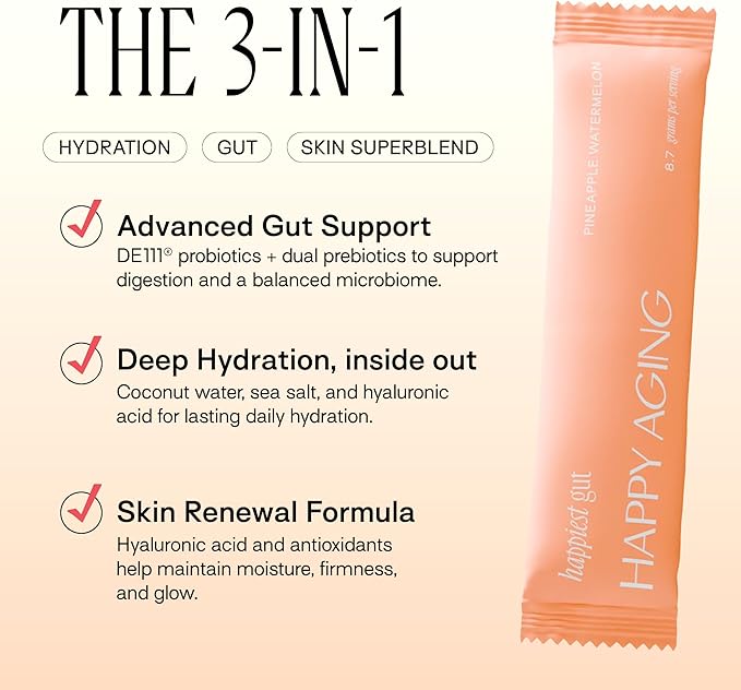 Happy Aging Happiest Gut Hydration Powder – Electrolytes + Probiotics + Dual Prebiotics + Hyaluronic Acid – Gut Balance, Skin Hydration & Daily Wellness – 12 Sticks (Pineapple Watermelon)