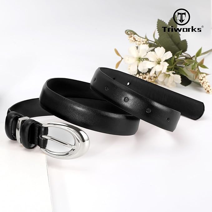 TRIWORKS Women Leather Belt for Jeans Pants Fashion Ladies Skinny Faux Leather Dress belt with Gold Buckle