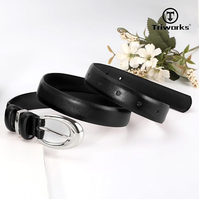 TRIWORKS 2 Pack Women Leather Belt for Jeans Pants Fashion Ladies Skinny Faux Leather Belt with Gold Buckle