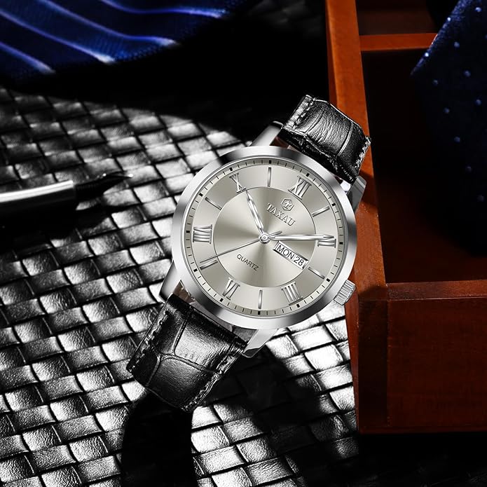 Leather Band Mens Watches with Day Date Quartz Analog Large Face Classic Watch Roman Numerals Dress Luminous Rlojes para Hombres