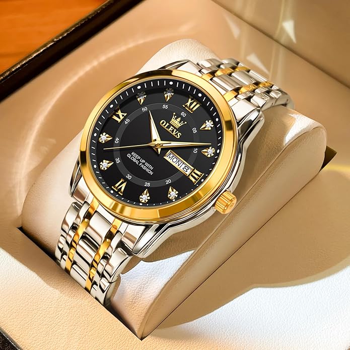 OLEVS Men's Stainless Steel Watch, Large Face Roman Numerals Diamond Accented Three-Hand Analog Quartz Watches for Men, Easy to Read Day Date Waterproof Luminous Mens Wristwatch
