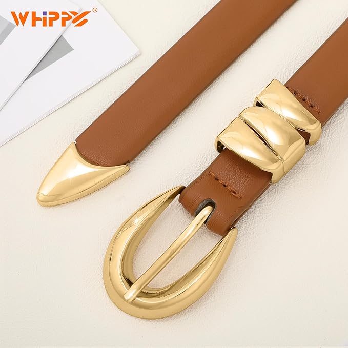 WHIPPY Women Skinny Leather Belt for Jeans Pants Dresses Ladies Fashion Waist Belt with Shiny Gold Buckle