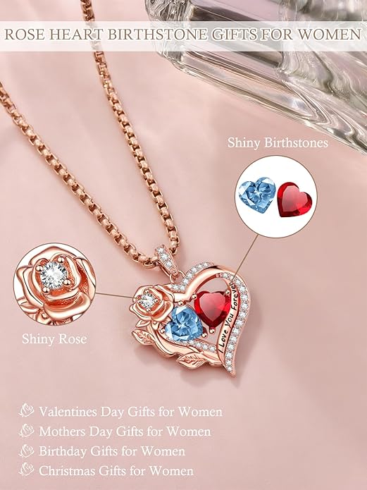 Rose Heart Necklaces for Women, Rose Gold Forever Love Jewelry with 2 Birthstones Pendant, Christmas Anniversarry Birthday Gifts for Her Wife Mom Grandma, 18+2 Inch Chain