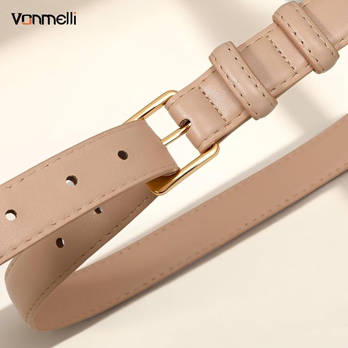 VONMELLI Womens Thin Leather Belt for Jeans Pants Dress Fashion Skinny Belt with Gold Buckle for Women