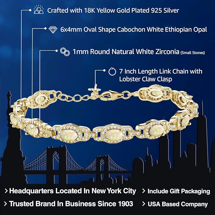 Gem Stone King 18K Yellow Gold Plated Silver Oval Gemstone Birthstone Tennis Bracelet For Women | Oval 6X4MM | 7 Inch With 1 Inch Extender | Fine Jewelry Gifts for Her Mom Women Wife