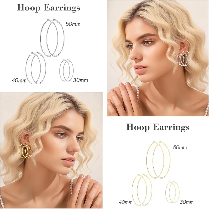 4/5/6 Pairs Stainless Steel 30/40/50/60/70 mm Silver 14K Gold Hoop Earrings for Women Hypoallergenic Big Thin Lightweight Dangle Set