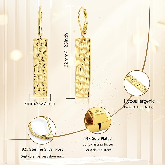 ALEXCRAFT 925 Sterling Silver Dangle Earrings for Women, 14K Gold Plated French Leverback Earrings, Hypoallergenic Lightweight Statement Hammer Square Bar Long Drop Earing for Women Trendy Jewelry