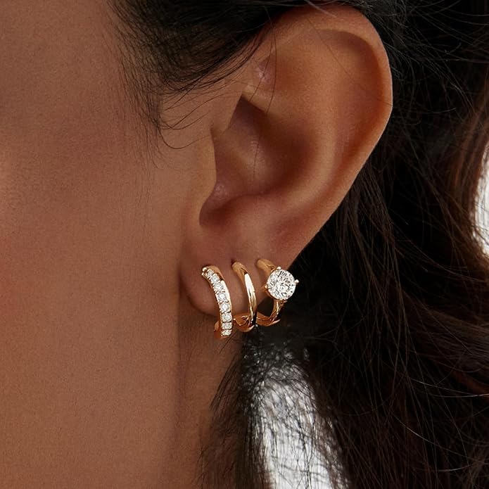 14K Gold Plated Hoop Earrings for Women Triple Huggie Illusion Stud Earring | Double Huggie Hoop Earrings for One Hole | Claw Ear Cuff Earring Jewelry Gift for Women