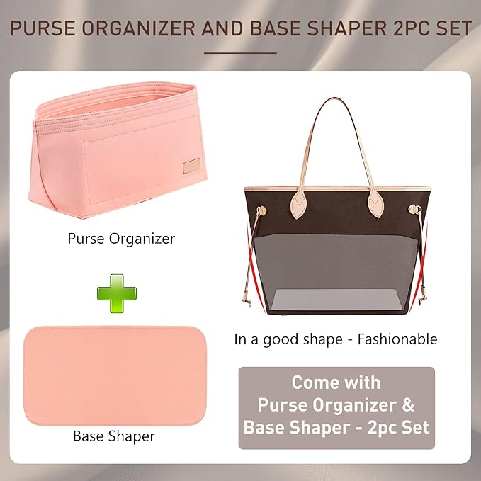 Doxo Purse Organizer Insert & Base Shaper 2pc Set, Felt Handbag & Tote Bag Fit L Speedy 30 Nererfull PM More(Pink,Medium-Combination)