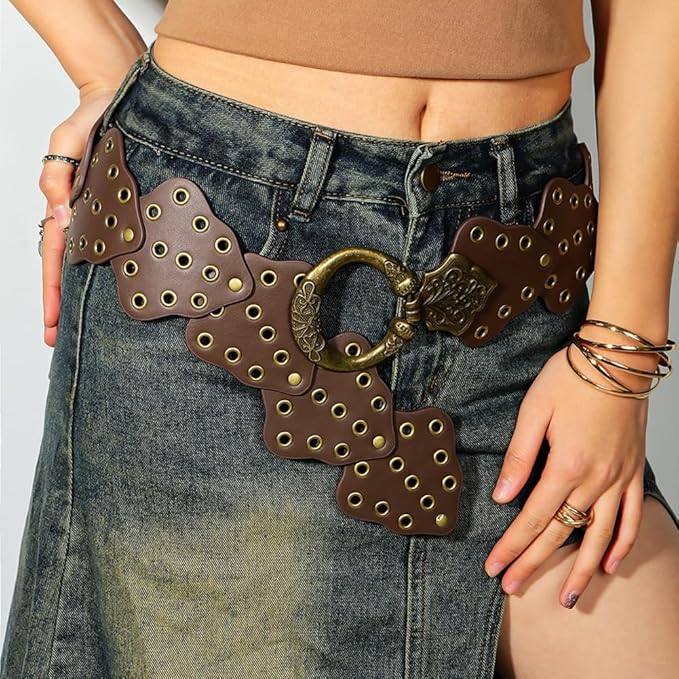 Wide Disc Belt for Women Vintage Hollow Boho Leather Belt Western Chunky Waist Belt Cowboy Metal Buckle Concho Belts