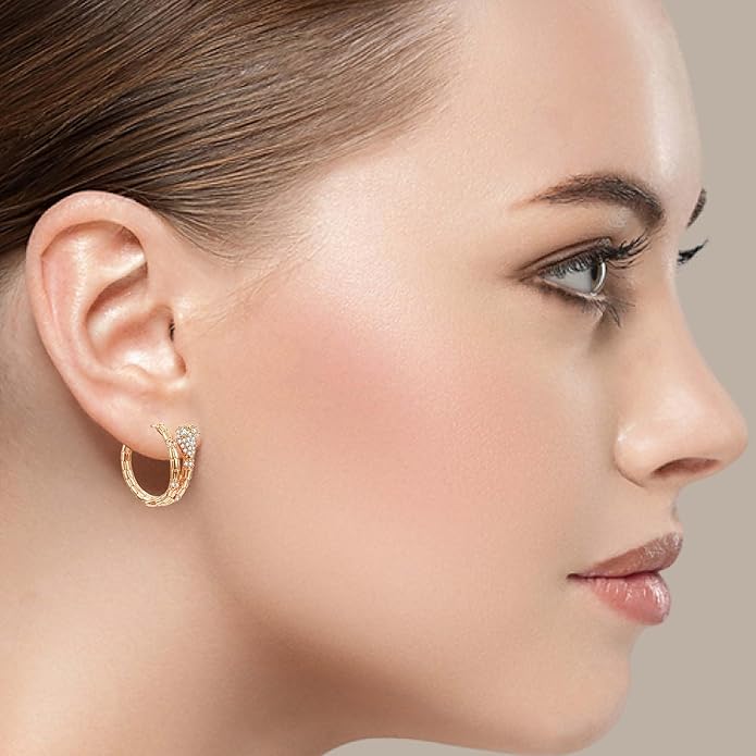 14K Gold Plated Cubic Zirconia Hoop Earrings,Three Row Diamon | Arrows | Double Row of Diamonds Huggie Earrings for Women
