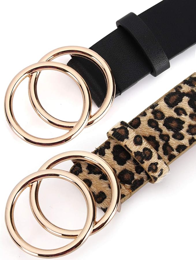 UnFader Pack 2 Women Belts for Jeans with Fashion Double O-Ring Buckle and Faux Leather