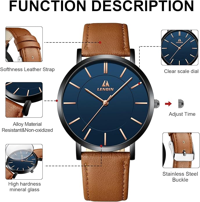 LN LENQIN Mens Watches Watches for Men Analog Quartz Watch 30M Waterproof Men's Wrist Watch Minimalist Fashion Business Mens Dress Designer Watch with Leather Band