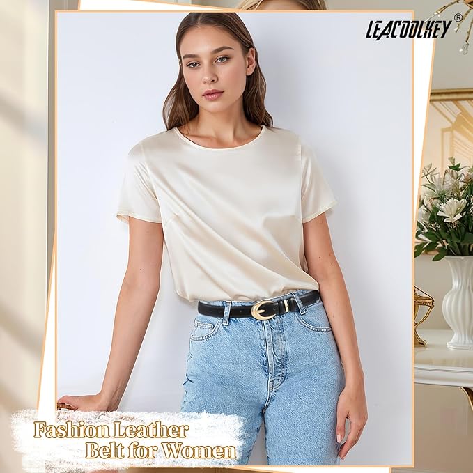 2 Pack Women Leather Belts for Jeans Dress Fashion Ladies Belt with Gold Silver Buckle