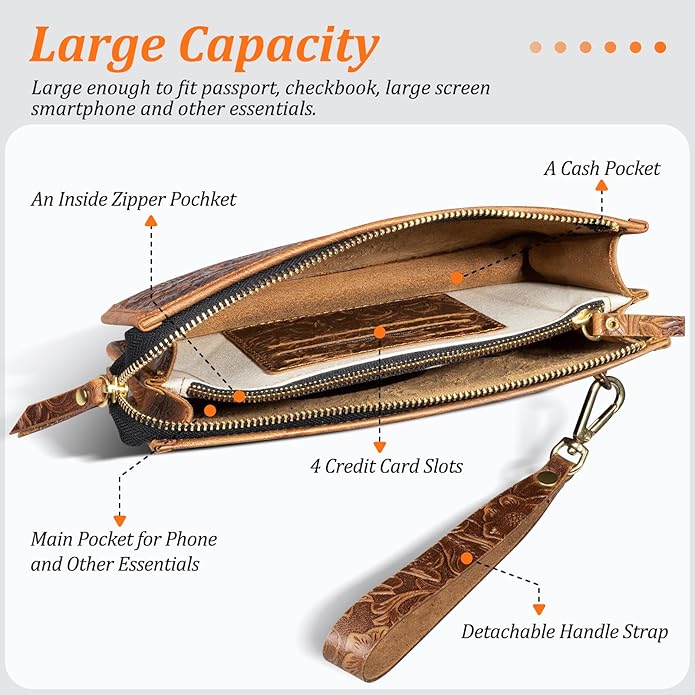 Genuine Leather Wristlet Clutch Bag for Women Handbag Ladies Credit Card Holder Phone Wallet Purses Man