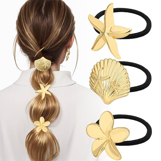 3PCS Metal Hair Tie For Women,Gold Cuffs,Metal Geometric Gold Hair Ties, Hair Accessories Stretchy and Non-Damage Ponytail Holders,Ponytail Cuff Hair Bands For Hair Styling(SET10)