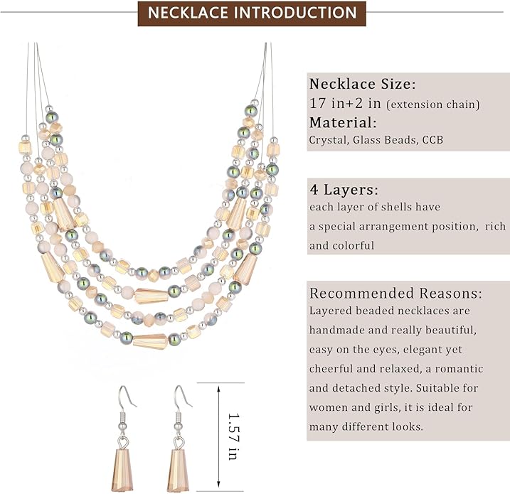 Layered Beaded Statement Necklace Multi Strand Crystal Beads Collar Necklace and Earring Sets for Women Fashion Costume Jewelry Set Gifts for Her