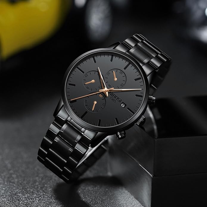 NIBOSI Men's Watches Analog Minimalist Black Dial Watches for Men Business Chronograph Military Casual Wrist Watches Stainless Steel Strap Date