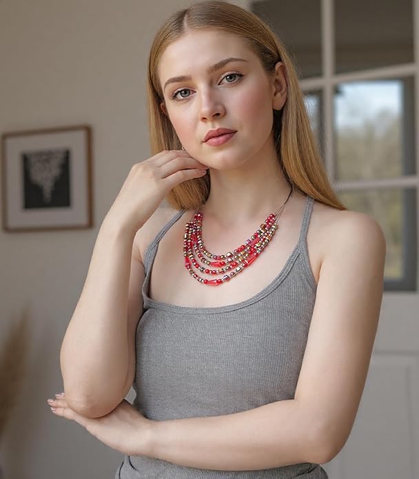 Layered Beaded Statement Necklace Multi Strand Crystal Beads Collar Necklace and Earring Sets for Women Fashion Costume Jewelry Set Gifts for Her