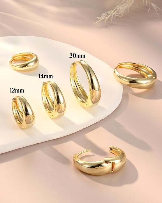 14K Gold Plated Small Chunky Hoop Earrings Sterling Silver Post - Hypoallergenic Trendy Thick Lightweight Silver Plated Huggie Hoops Dainty Hoop Earrings for Women Non Tarnish Jewelry Gifts