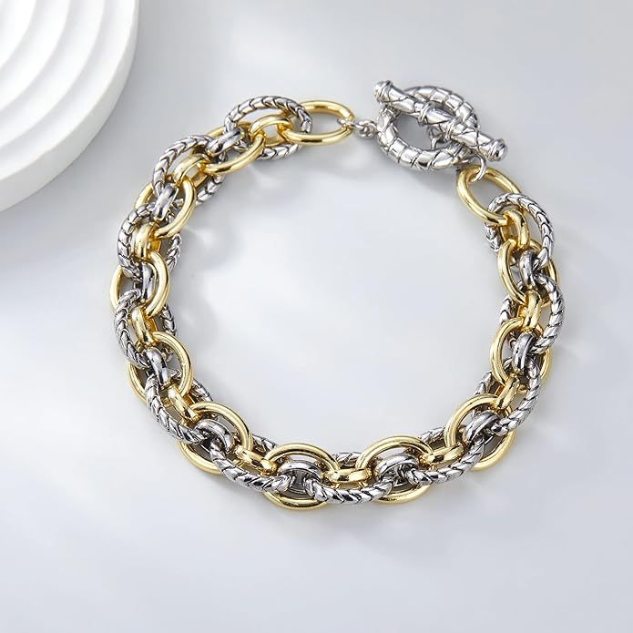 Mytys Link Bracelet for Women Gold and Silver 2 tone Circles Chain Wire Bangle Bracelets