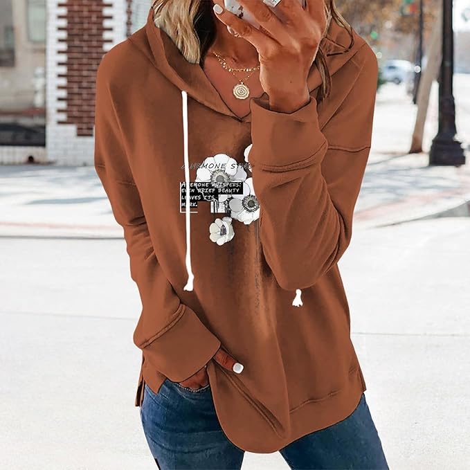Women's Brown Mandala Print Hoodie Long Sleeve Loose Fit Pullover Sweatshirt With Drawstring For Fall Winter