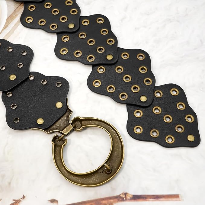 Wide Disc Belt for Women Vintage Hollow Boho Leather Belt Western Chunky Waist Belt Cowboy Metal Buckle Concho Belts