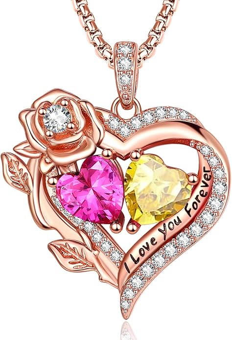 Rose Heart Necklaces for Women, Rose Gold Forever Love Jewelry with 2 Birthstones Pendant, Christmas Anniversarry Birthday Gifts for Her Wife Mom Grandma, 18+2 Inch Chain