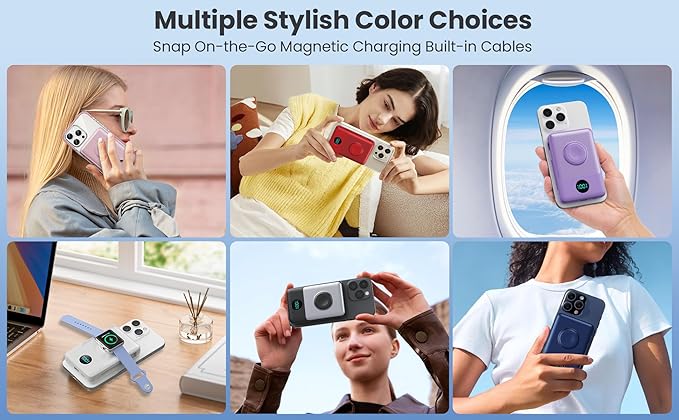 Magnetic Portable Charger for iPhone with Built-in Cables,6-in-1 10800mAh Power Bank with iWatch Charger & LCD Display,25W Fast Charging Battery Pack for iPhone 17/16/15/14/13/12,Apple Watch (Purple)