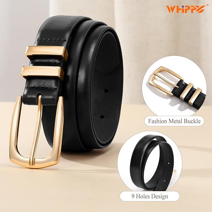 WHIPPY Women's Leather Belts for Jeans Pants Fashion Ladies Belt Gold Buckle Belts for Women