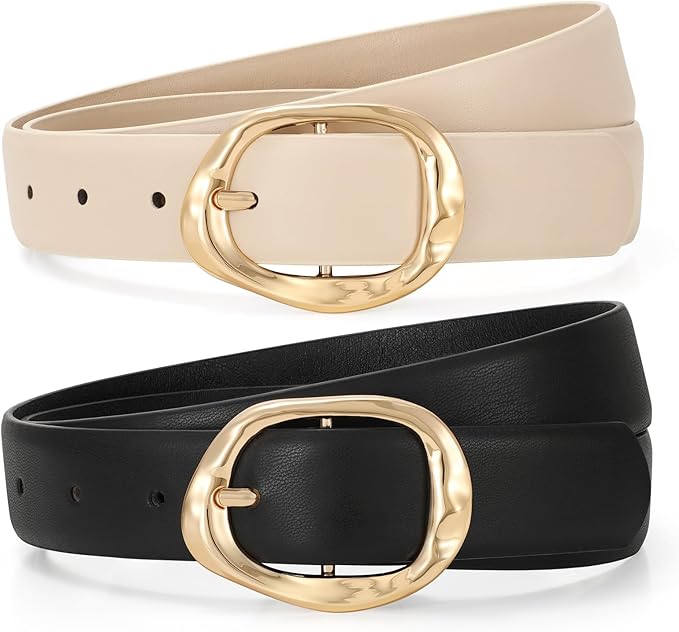 TRIWORKS 2 Pack Leather Belts for Women Fashion Waist Belt with Liquid Shapes Women Belt for Jeans Pants Dresses