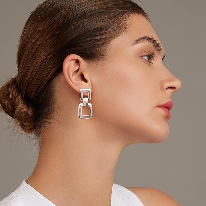 MUYAN Gold Silver Geometric Drop Dangle Earrings for Women Brushed Link Square Dangle Earrings Trendy Jewelry