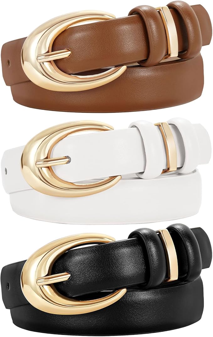 TRIWORKS 3 Pack Women Leather Belt for Jeans Pants Fashion Ladies Faux Leather Belt with Gold Buckle